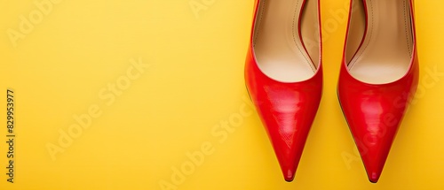 Pair of red high heels with ample copyspace on yellow background photo