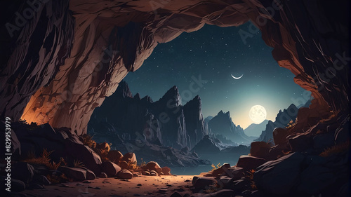 View from inside a cave on rocky cliff mountains at night with a crescent moon in the sky.  illustration of a midnight landscape seen through an underground grotto entrance hole. Generative AI. photo