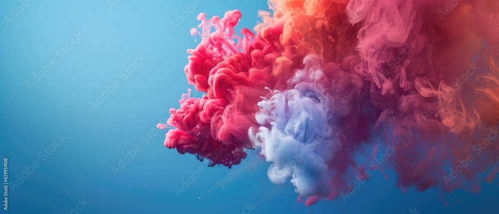 Vibrant colorful smoke explosion against a blue background, capturing the dynamic movement and blending of colors in a mesmerizing way. Vibrant colorful smoke explosion against a blue background, capturing the dynamic movement and blending of colors in a mesmerizing way.