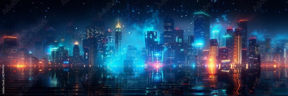 Futuristic Cityscape Illuminated with Neon Lights, Hi-Tech Urban Landscape, futuristic technology concept, graphic banner design