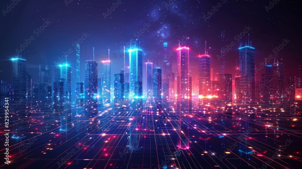Futuristic Cityscape Illuminated with Neon Lights, Hi-Tech Urban Landscape, futuristic technology concept, graphic banner design Futuristic Cityscape Illuminated with Neon Lights, Hi-Tech Urban Landscape, futuristic technology concept, graphic banner design