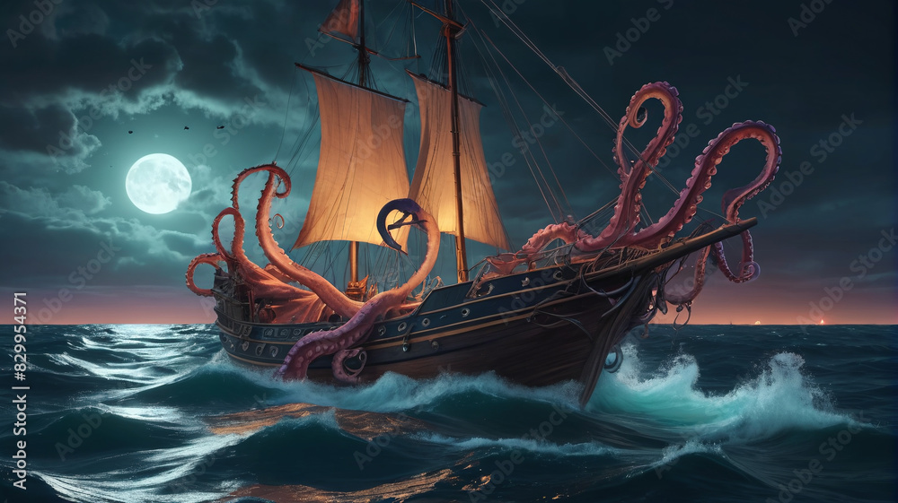 Sail boat in the sea with fantasy kraken tentacles at night. A ...