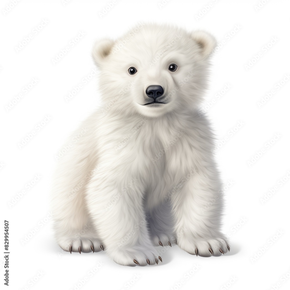 Adorable polar bear cub sitting curiously on snow. Adorable polar bear cub sitting curiously on snow.