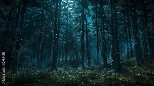 Mysterious Dark Forest with Dense Trees and Atmospheric Lighting