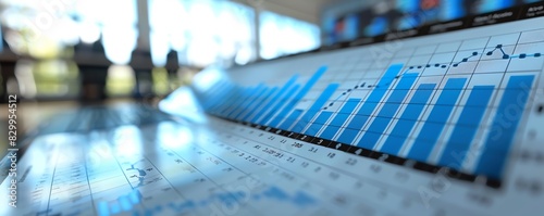 Close-up of a financial chart with rising bars depicting data analysis and business growth in a modern office setting.