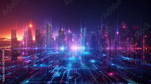 Futuristic Cityscape Illuminated with Neon Lights, Hi-Tech Urban Landscape, futuristic technology concept, graphic banner design © Di