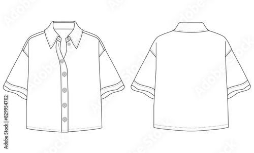 Cropped shirt technical fashion illustration with basic collar, long sleeves, drawstring hem, front button-fastening. Flat apparel blouse template front, back white color. Women unisex top CAD mockup