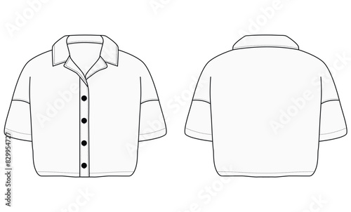 Cropped shirt technical fashion illustration with basic collar, long sleeves, drawstring hem, front button-fastening. Flat apparel blouse template front, back white color. Women unisex top CAD mockup