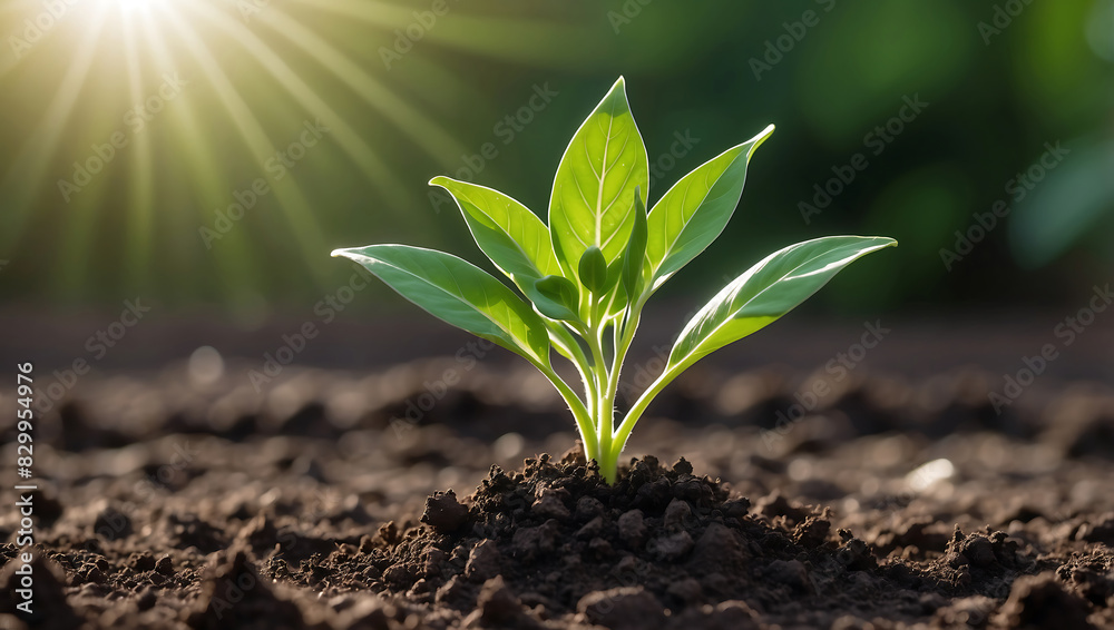World environment day, A vibrant green seedling with multiple leaves growing in rich, dark soil, illuminated by warm sunlight in a blurred background
World environment day, A vibrant green seedling with multiple leaves growing in rich, dark soil, illuminated by warm sunlight in a blurred background