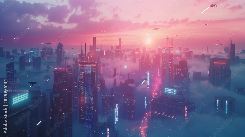Futuristic Cityscape at Sunset with Neon Lights and Skyscrapers Futuristic Cityscape at Sunset with Neon Lights and Skyscrapers