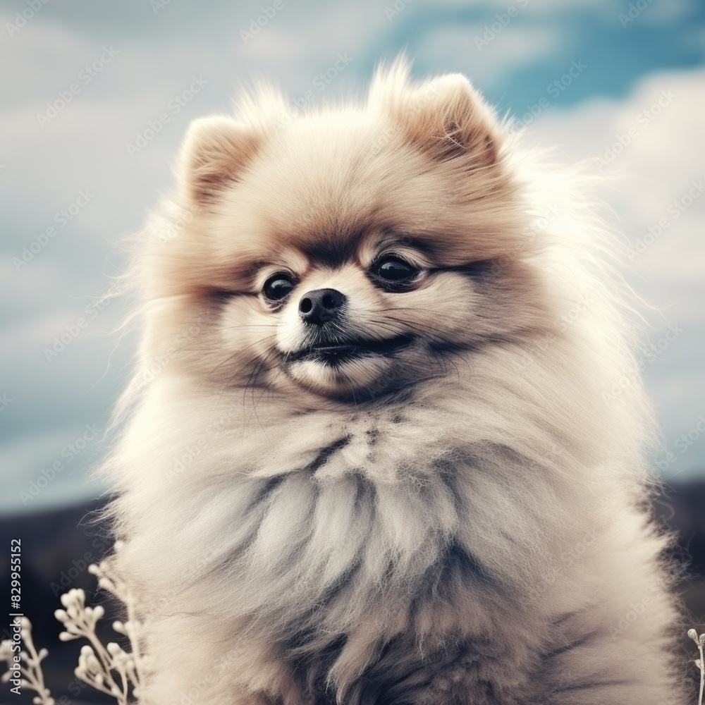 Obraz premium Elegant Pomeranian posed against a dramatic sky backdrop.