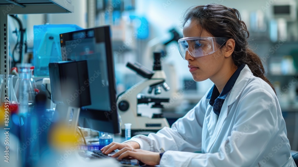 A female scientist wearing a lab coat and safety goggles is working in a laboratory. A female scientist wearing a lab coat and safety goggles is working in a laboratory.