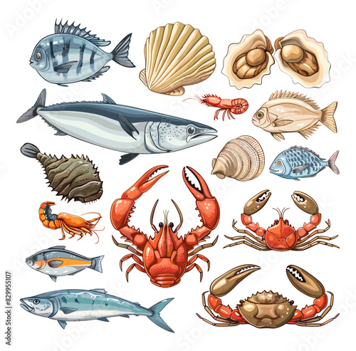 Sea food cartoon vector set. Fish crab oyster shrimp tuna mackerel lobster mussel shell clam seafood detailed illustration isolated on white background