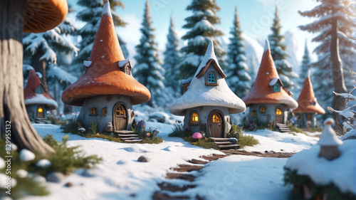 Magic gnome village with snow in a winter forest. Features cute fairy tale mushroom houses for an elf panorama background. Generative AI.