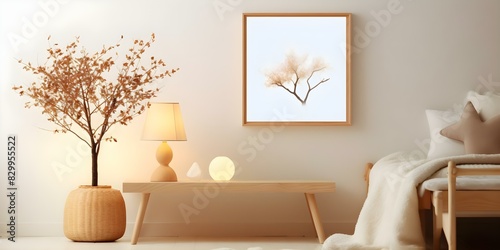 Wooden mockup frame in childrens room décor with natural materials. Concept Children's Room Décor, Wooden Mockup Frame, Natural Materials, Interior Design, Home Decor