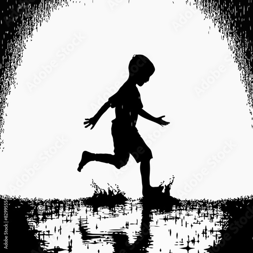 Joyful Splash: Silhouette of a Child Running Through Water with Abstract Illuminated Background