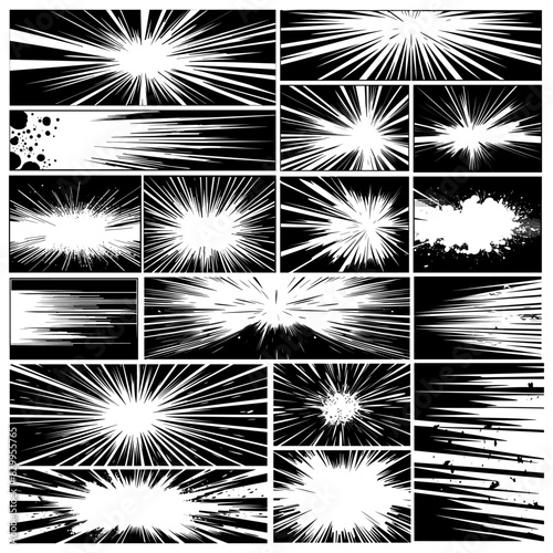 Speed line and ink sketch vector set. Frames circular explosions detonation dynamics rays manga comic anime effects, illustrations isolated on white background