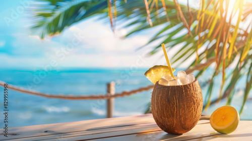 cocktail in coconut with straw and ice on the table on the beach  ocean and palm leaf as background
