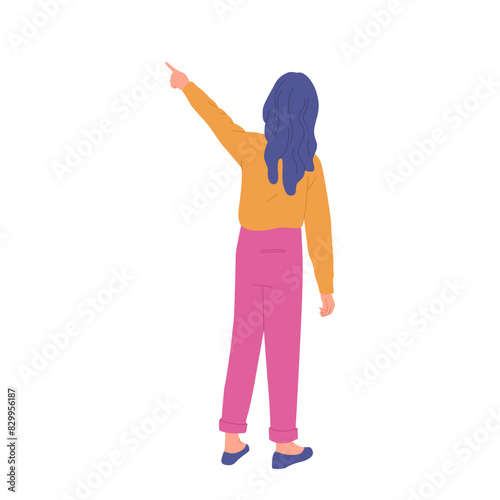 Back view of preteen girl cartoon character pointing finger upwards directing place of interest