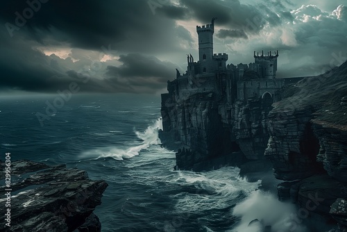 Dark and Stormy Coastal Castle with Dramatic Waves and Ominous Sky