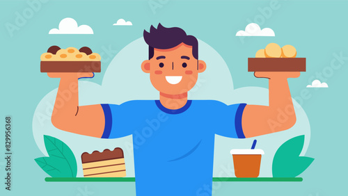 Proudly displaying his homemade protein bars the man giddily tells his friends and family about his newfound love for cooking and his efforts to make healthy and delicious snacks. Vector illustration