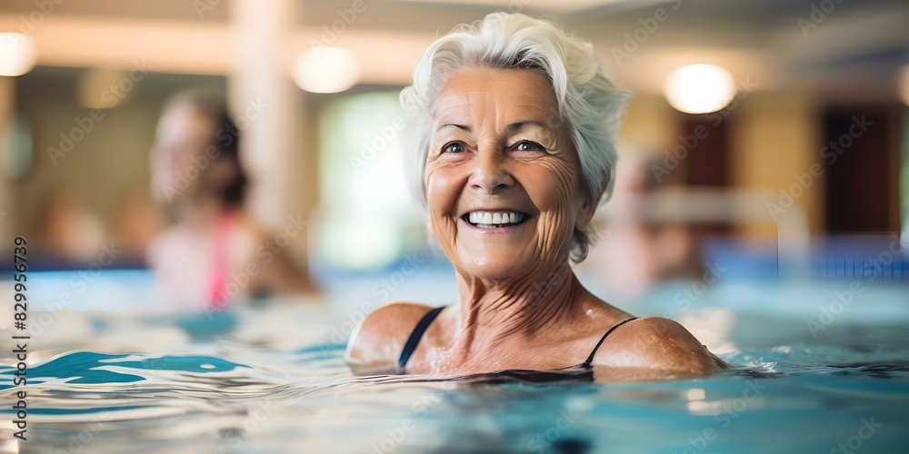 Obraz premium Elderly women happily participating in aqua fit class promoting healthy retirement. Concept Healthy Aging, Senior Fitness, Aqua Fit Class, Elderly Care, Active Retirement