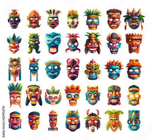 Tiki masks cartoon vector set. Natives hiding face idol hawaiian totem tribal polynesian patterns god ethnic cult traditional scary aboriginal accessory, illustration isolated on white background