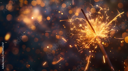 Close-up of a lit sparkler with vibrant sparks and bokeh lights in the background  creating a festive mood