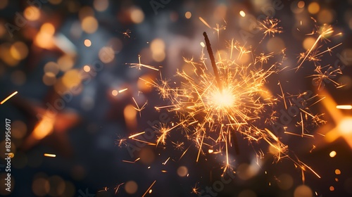 Close-up of a lit sparkler with vibrant sparks and bokeh lights in the background, creating a festive mood photo
