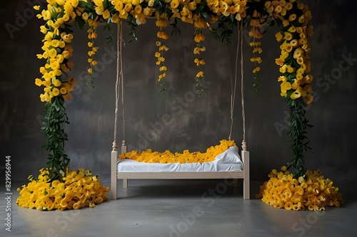 sfondo fotografico bucolico con altalena piena di fiori gialli, i atmosfera bucolica, ideale per scatti newborn e manipolazione fotografica, creato con ... See More photo