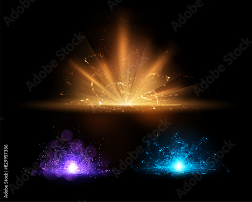 Bright set of magic explosion vectors with light effects.