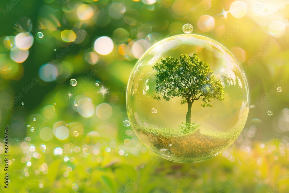 A tree enclosed in a glass bubble, symbolizing ecological protection and environmental conservation amidst a vibrant, blurred background.