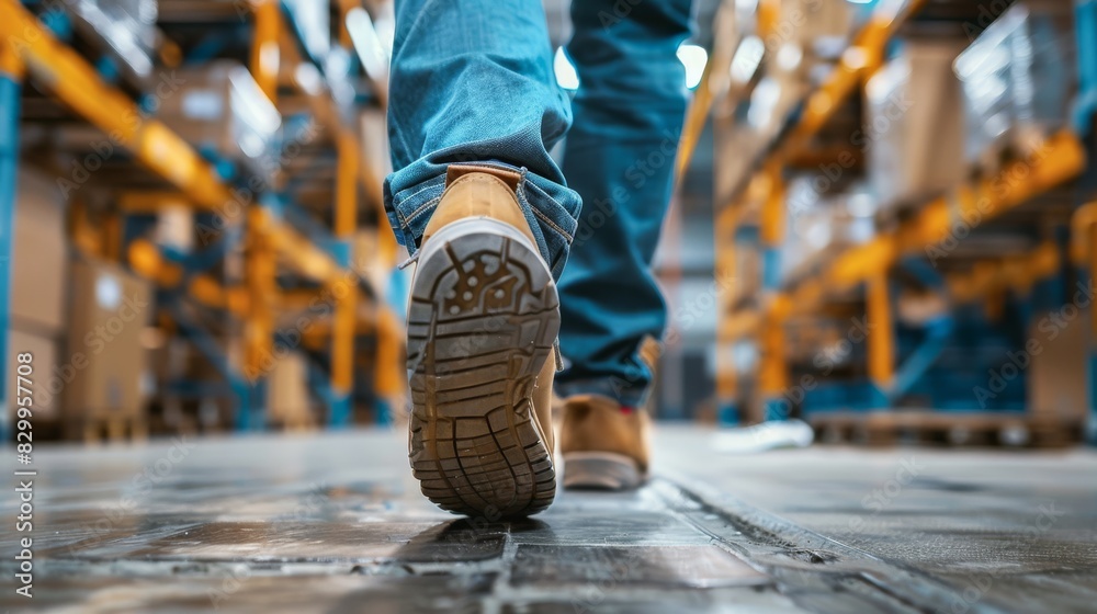 Close-up of worker's boots walking through warehouse aisle, representing industrial work and logistics in a modern storage facility. Close-up of worker's boots walking through warehouse aisle, representing industrial work and logistics in a modern storage facility.