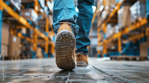Close-up of worker's boots walking through warehouse aisle, representing industrial work and logistics in a modern storage facility.