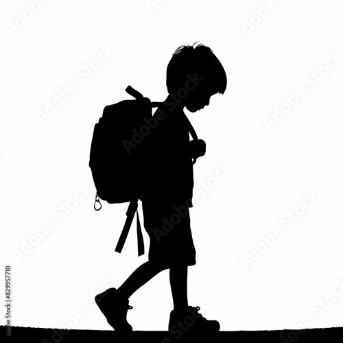 Journeyman's Reverie: A Minimalist Stencil Illustration of a Young Boy's Contemplative Journey with Backpack Against a Blank Canvas