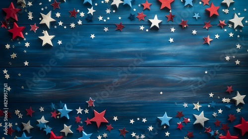 Red, white, and blue stars on a blue wooden background, creating a patriotic atmosphere photo