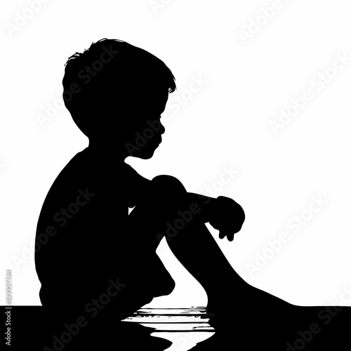 Introspective Reverie: Silhouette of Contemplative Child Sitting Alone in Detailed Monochromatic Scene, Enhanced by Dramatic Lighting and Cinematic Composition to Evoke a Somber Atmosphere