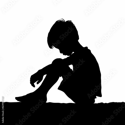Solitude in Silence: A Melancholic Silhouette of a Young Child Lost in Contemplation in Black and White
