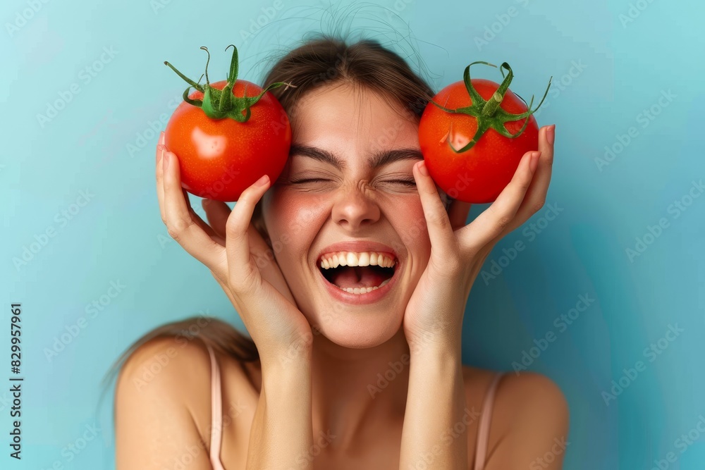 Smiling woman holding two fresh tomatoes in front of her eyes, showing joy in a playful and healthy lifestyle on a blue background. Smiling woman holding two fresh tomatoes in front of her eyes, showing joy in a playful and healthy lifestyle on a blue background.