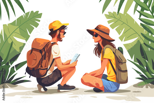 A couple with backpacks and hats sit together in a lush jungle, planning their next adventure with a map