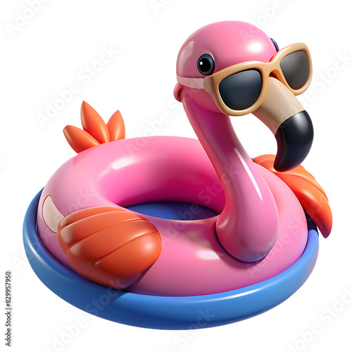 Pink flamingo with sunglasses floats in an inflatable circle. Graphic design element, isolated rubber flamingo.