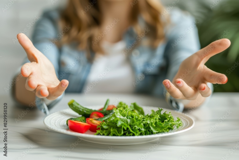 Woman presenting fresh vegetable salad with outstretched hands. Healthy eating, diet, and vegan lifestyle concept. Woman presenting fresh vegetable salad with outstretched hands. Healthy eating, diet, and vegan lifestyle concept.