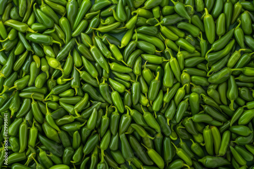 Bright green jalapeno peppers background, top view flat lay