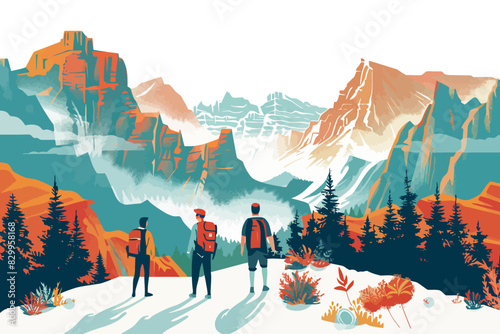 Three hikers with backpacks stand on a ridge, taking in a breathtaking view of snow-capped mountains