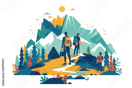 Three hikers with backpacks follow a winding trail through a picturesque mountain landscape
