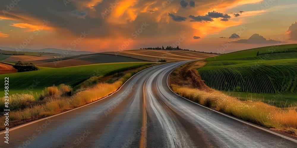 Scenic summer countryside view green field empty road sunset cloudy sky. Concept Countryside Views, Summer Landscapes, Sunset Skies, Empty Roads, Green Fields