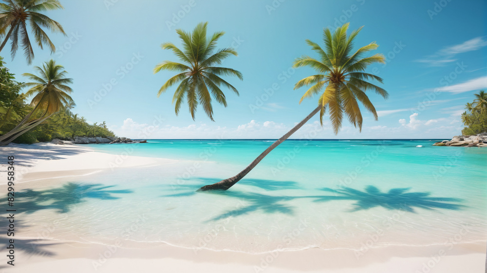 A tranquil beach with turquoise waters, white sand, and palm trees swaying in the breeze. Generative AI.