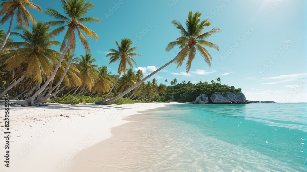 A tranquil beach with turquoise waters, white sand, and palm trees swaying in the breeze. Generative AI. A tranquil beach with turquoise waters, white sand, and palm trees swaying in the breeze. Generative AI.