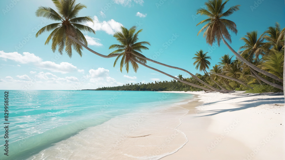 Fototapeta premium A tranquil beach with turquoise waters, white sand, and palm trees swaying in the breeze. Generative AI.