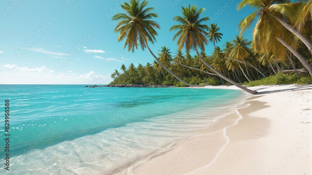 A tranquil beach with turquoise waters, white sand, and palm trees swaying in the breeze. Generative AI. A tranquil beach with turquoise waters, white sand, and palm trees swaying in the breeze. Generative AI.